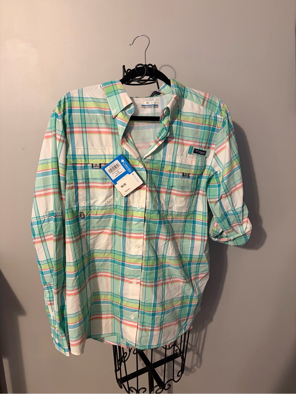 NEW nwt Columbia PFG Women’s Aqua Green Plaid Button-Down Shirt size large